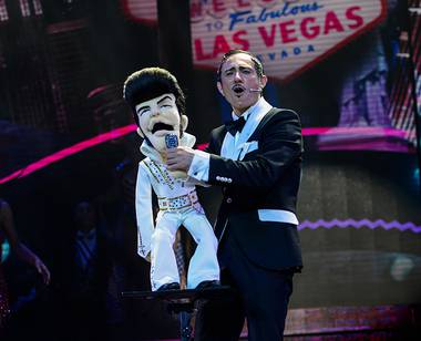 The ventriloquist from ‘Extravaganza—The Vegas Spectacular’ performs with Luigi.