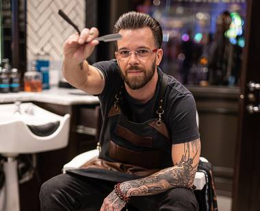 The master barber at Cosmopolitan’s Barbershop Cuts & Cocktails shows you how to properly trim your beard.