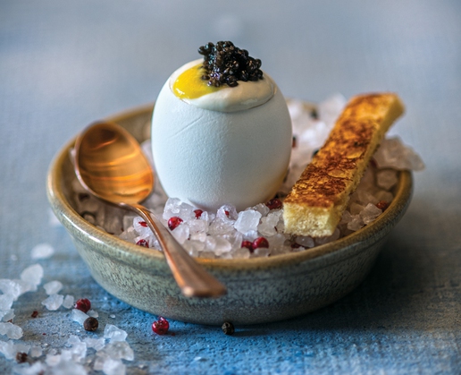 Caviar fried eggs with slices of brioche toast at Libertine Social at Mandalay Bay in Las Vegas