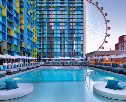 Influence, The Pool at The Linq Hotel offers a range of cabanas, lily pad daybeds and lounge chairs in Las Vegas
