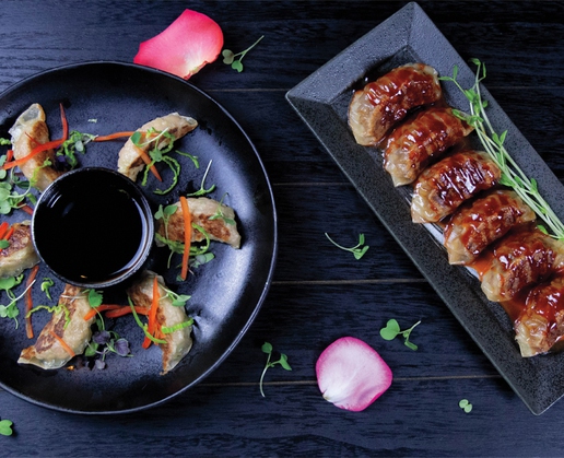 Chicken gyoza and pork potstickers with chili sesame glaze at Tao at The Grand Canal Shoppes at The Venetian and The Palazzo in Las Vegas