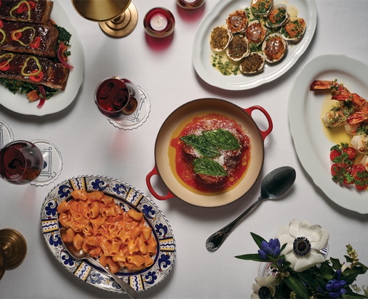 Spicy rigatoni, cherry pepper ribs, baked clams, meatballs and shrimp scampi at Carbone at Aria in Las Vegas