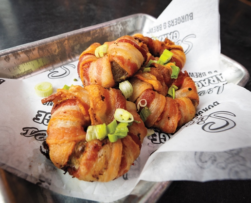 Bacon-wrapped onion rings at Sickies Garage Burgers & Brews at Town Square in Las Vegas
