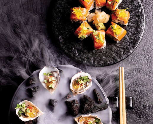 Oysters and the 3000 LVBLVD roll at Kusa Nori at Resorts World Las Vegas