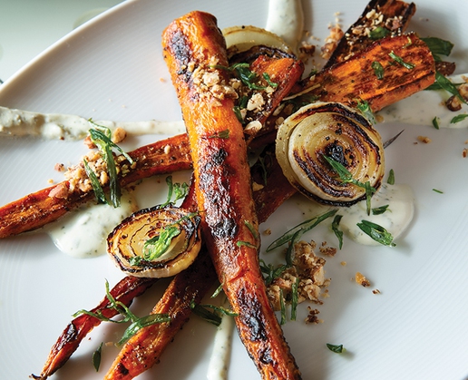 Baby organic carrots with maple Greek yogurt sauce and fried tarragon at Boom Bang Fine Foods & Cocktail in Henderson