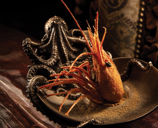 The shrimp head is just one of the surprises in store at the 20,000 Leagues Under the Sea dinner at Lost Spirits Distillery in Las Vegas