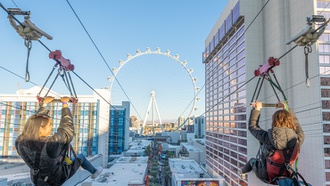Zoom over the entire length of The Linq Promenade.
