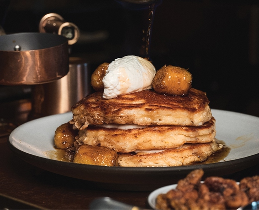 Bananas Foster pancakes at the brunch at NoMad Bar at Park MGM in Las Vegas