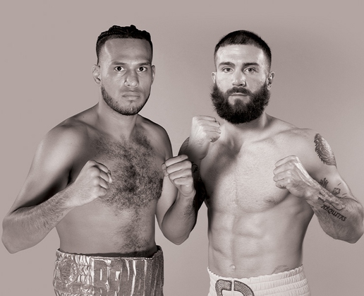 David Benavidez, left, squares off against Caleb Plant at MGM Grand Garden Arena in Las Vegas on March 25