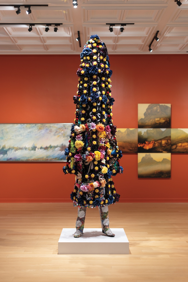 Installation View of Nick Cave, James Lavadour, and Earl Biss from In Bloom, 2023, Courtesy of Bellagio Gallery of Fine Art.
Nick Cave, Soundsuit 8:46, 2021. Tia Collection, Santa Fe, NM. © Nick Cave. Courtesy of the artist and Jack Shainman Gallery, New York.