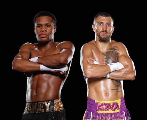 Lightweight fighters Devin Haney, left, and Vasiliy Lomachenko square off at MGM Grand Garden Arena in Las Vegas on May 20