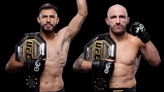 The featherweight champs brawl to settle it all at T-Mobile Arena on July 8.