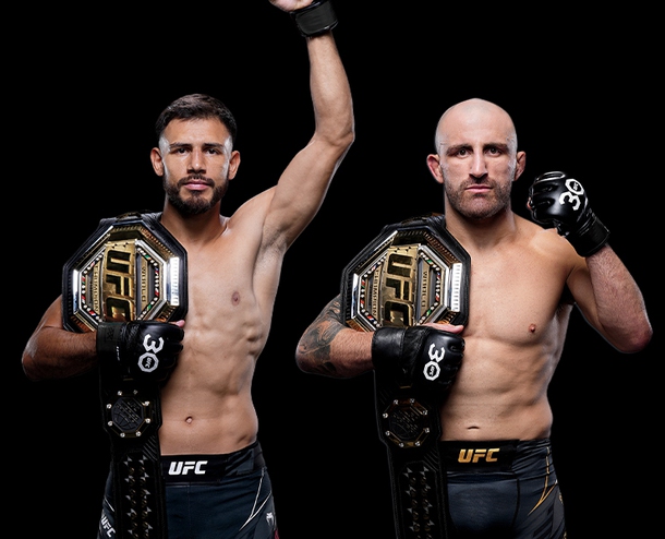 Yair Rodriguez, left, and Alexander Volkanovski will square off for the UFC featherweight championship at T-Mobile Arena in Las Vegas on July 8