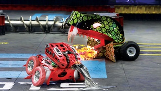 Robot combatants vie for victory inside the arena at Caesars Entertainment Studios.