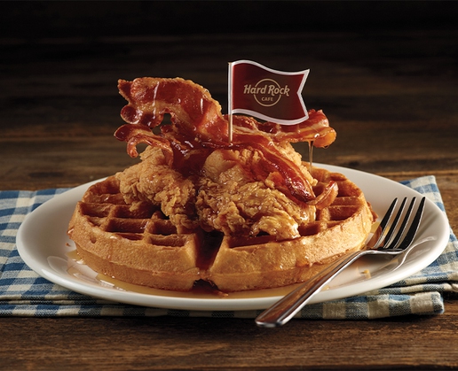 Chicken waffle at Acoustic Breakfast at Hard Rock Cafe in Las Vegas