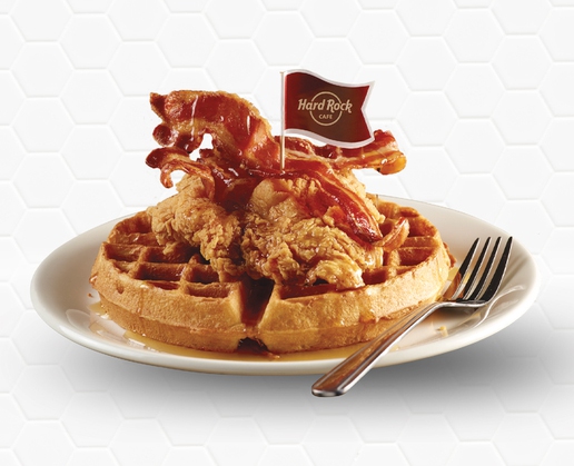 Chicken and waffles at the Acoustic Breakfast at Hard Rock Cafe in Las Vegas