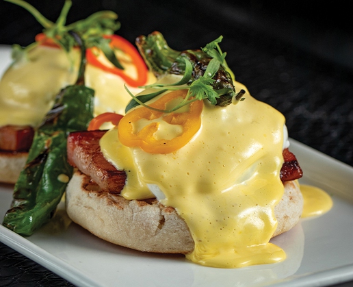 The pork belly Benedict at the brunch at STK Steakhouse at The Cosmopolitan of Las Vegas