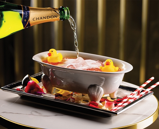 The Champagne Bubble Bath cocktail at Gatsby's Cocktail Lounge at Resorts World Las Vegas