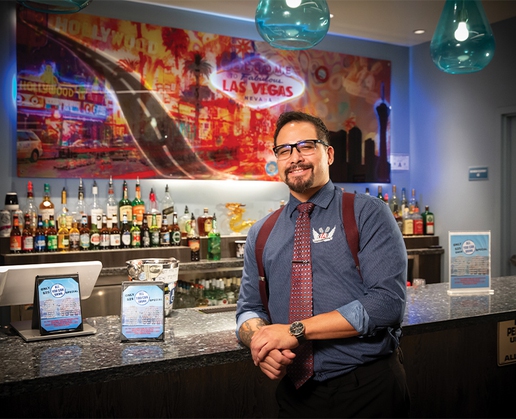Montie Michel is the bartender at L.A. Comedy Club at The STRAT in Las Vegas