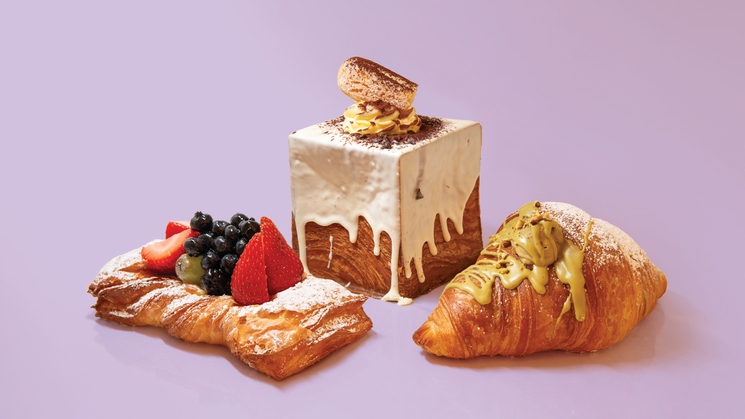 From left to right, Custard and Berries Croissant, Cube Croissant and Pistachio Croissant at Zeppola Café at The Grand Canal Shoppes at The Venetian in Las Vegas