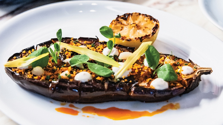 Binchtan grilled eggplant, part of the new vegan menu at Carversteak at Resorts World Las Vegas