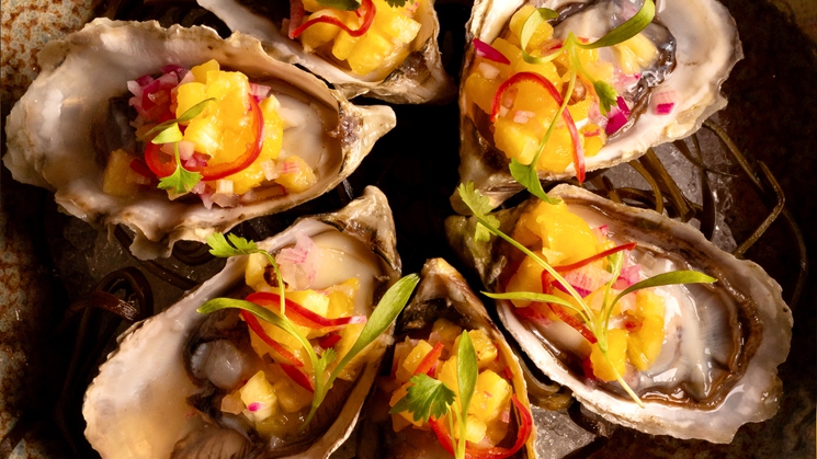 Smoked oysters at FUHU at Resorts World Las Vegas