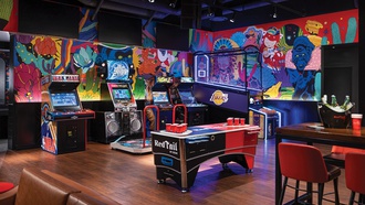 The sports lounge at Resorts World Las Vegas provides a living room atmosphere for beer-loving ...