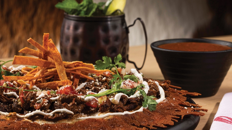 The quesa-birria Mexican pizza at Guy Fieri's Flavortown Sports Kitchen at Horseshoe Las Vegas
