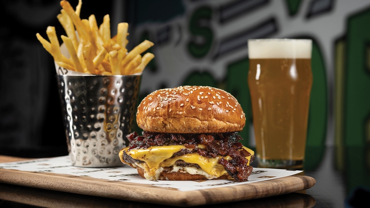 The wagyu double smash burger at Flanker Kitchen + Sports Bar at Mandalay Bay in Las Vegas