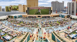 The massive downtown pool complex at Circa Resort & Casino sports a gigantic screen, bars, food and weekend gaming.